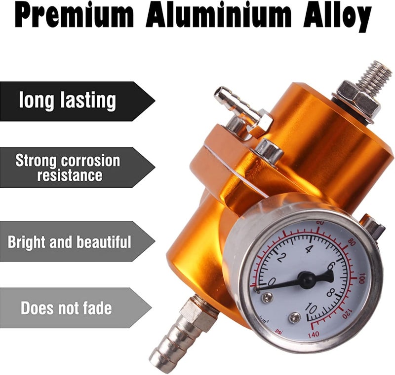 BARTOO Universal Adjustable Fuel Pressure Regulator Kit, Aluminum Fuel Regulator, Adjustable Gas Oil Injection Pressure Regulator with 0-140 PSI Gauge -Gold - Image 2